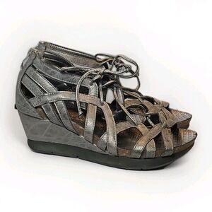 OTBT Shoes Womens 7.5 Nomadic Wedge Sandals Leather Lace Up Gray Cut Out #292